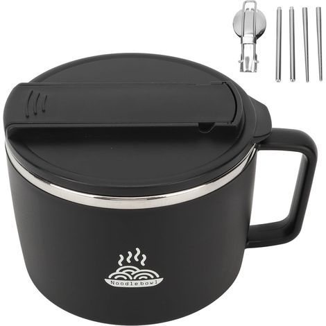 Bol de nouilles pour micro-ondes avec baguettes et spork, 1200 ml, noir, bol repas en acier inoxydable (1/5)