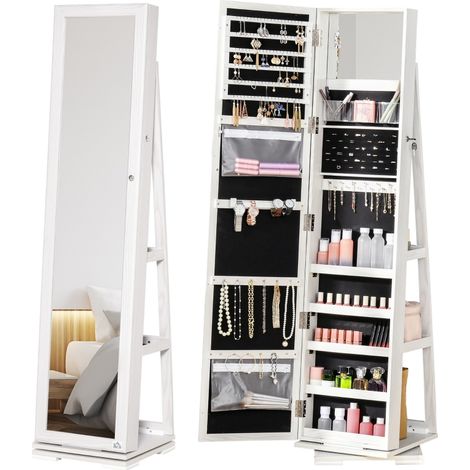 360° Swivel Jewellery Cabinet, Free Standing Full Length Mirror with Storage, Lockable Jewellery Organiser with Built-in Makeup Mirror and Storage Shelves for Bedroom, White