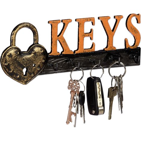 2x Appendi Chiavi da Parete, 5 Ganci, Lucchetto e Scritta “Keys”, in Ghisa, Vintage, 10x26x3 cm, Arancione/Nero