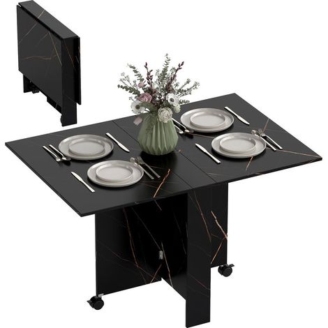 Table de salle à manger pliante à roulettes avec 2 rallonges rabattables, 6 couverts, finition marbre, 120 x 80 x 73 cm, noire (1/5)