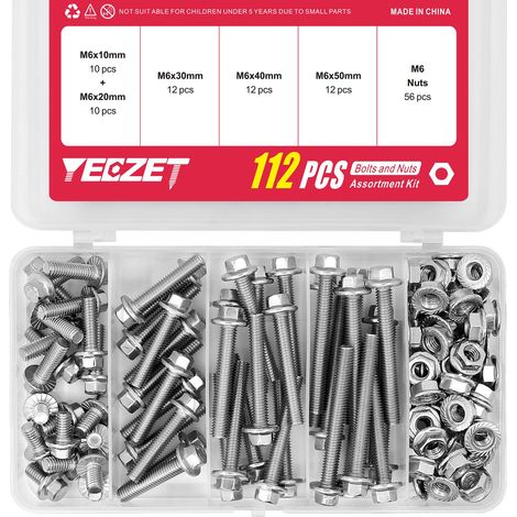 112 M6-Flanschschrauben und -muttern, Edelstahl 304, 5 Längen, für Haushaltsgerätereparaturen und Heimwerkerprojekte (1/5)