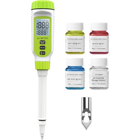 pH-mètre alimentaire numérique multifonctionnel, kit de test de pH de sol de jardin avec affichage LCD °C/°F pour les tests de pH des plantes, de l'eau et des aliments. (Vert) (1/5)