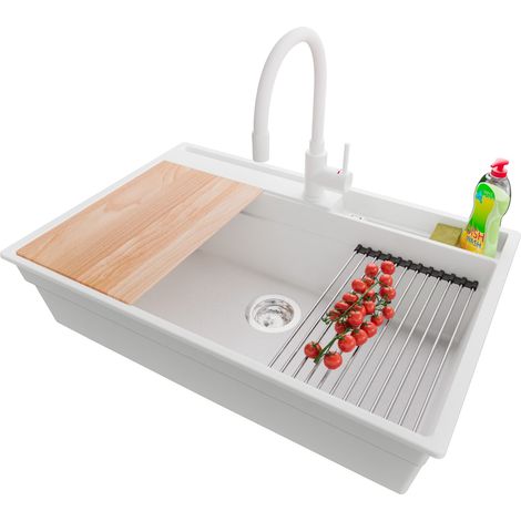 PRIMAGRAN Evier Cuisine en Granit 78x53cm,Lavabo 1 bac + Robinet 38x14cm + Kit de Vidage + Accessoires, Évier à Encastrer au meuble 80cm - Oslo Pocket, Blanc (1/5)