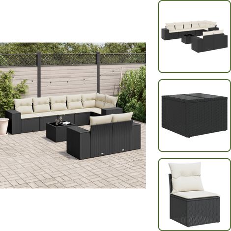 The Living Store 9-tlg. Garten-Sofagarnitur mit Kissen Schwarz Poly Rattan - Gartenmöbel - Outdoor Möbel - Rattan Gartenmöbel - PE-Rattan - Esstisch Set (1/5)