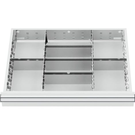 Compartimentage de tiroir STIER, séparations en métal, BLH 100/125 mm, dimensions intérieures 600x450 mm, 8 casiers