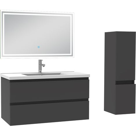 Ensemble meuble de salle de bain 100cm, vasque céramique + colonne + LED miroir rectangulaire, anthracite (1/5)