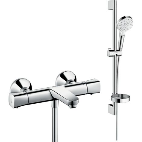 Conjunto de grifería termostática para bañera HANSGROHE Ecostat Universal cromada + conjunto de ducha Crometta de 2 chorros en blanco/cromo
