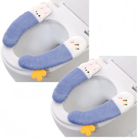 CSPARKV 2 paires de housses de siège de toilette, coussin de couverture de toilette épais et collant, joli siège de toilette d'hiver lavable en peluche, coussin de siège de toilette doux (BLUE) (1/4)