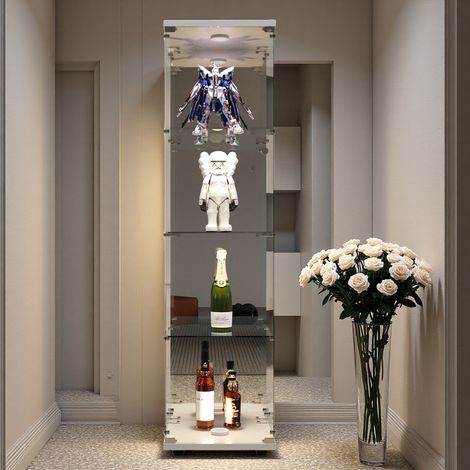 Vitrine aus gehärtetem Glas, 4 Ebenen, 164 cm hoch, Sammlervitrine mit LED, Holzsockel, Sicherheitsschloss und Spiegel - Weiß
