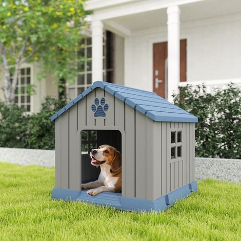 Caseta exterior para perros con aberturas de ventilación y suelo elevado, 85 x 79 x 82 cm, azul.