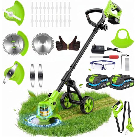 Débroussailleuse Batterie 21V avec 2 Batteries, Coupe Bordure sans Fil avec Roues Amovibles, 4 Types De Lames, Taille Bordure Convient pour Tondre Le Jardin et la Pelouse (1/5)
