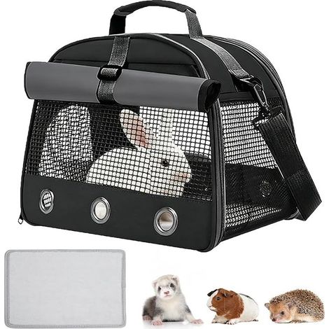 Small Animal Carrier Bag: Cat/Dog Carrier Bag with Mattress, Transparent Window, Portable Carrier Cage for Small Birds, Chinchillas, Guinea Pigs, Hamsters (Black)