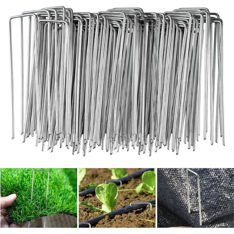 Lot de 100 Piquets de Fixation pour Jardin - 150x36mm Ø 3mm Piquets de Fixation en Acier Galvanisé Forme de U pour Toiles de Paillages, Grillage et Filets (1/5)