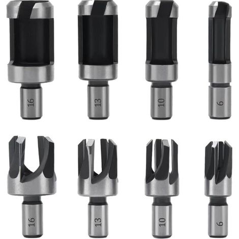 8 Pièces Fraise à Bouchonner Bois, Mèche à Bouchon Bois 6 mm/10 mm/13 mm/16 mm, Acier Carbone Bois Plug Perceuse pour le Travail du Bois, Forets à Bo (1/4)
