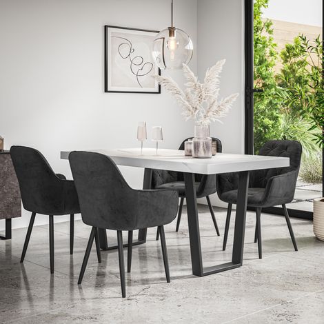 Aria Dining Table And Chairs -  White Marble Effect Table Top w Black Legs + Anika Velvet Dining Chair Set Of 4 (Black) (1/5)