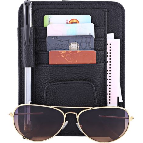 Pochette Organisateur Visière Voiture Noir, Range-Cartes, Étui Lunettes, Clip Fixation, Sac Rangement Pare-Soleil (1/5)