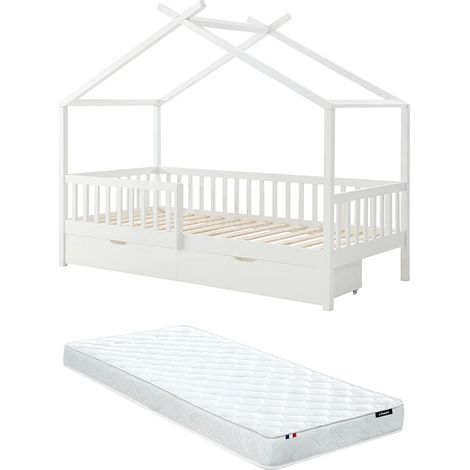 Letto a capanna 90 x 190 cm con cassetti Abete e MDF Bianco + Materasso - KIRALIO (1/5)