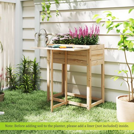 Bac de Jardin Surélevé en Bois de Sapin 63 x 34 x 74 cm, Bac à Planter sur Pieds avec Table Latte Pliable, Système de Drainage, Ergonomique pour Légumes, Aromates et Fleurs (1/5)