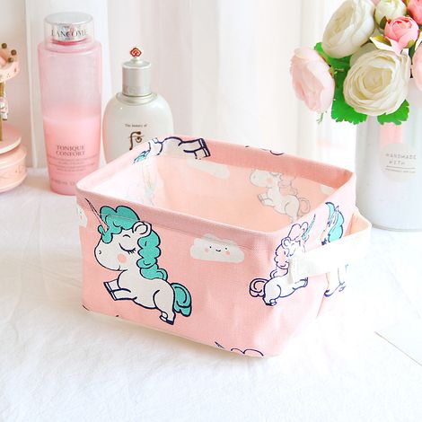 Boîte de rangement en toile de dessin animé avec revêtement imperméable, boîte de rangement de bureau Unicorn Pony(Rose) (1/5)