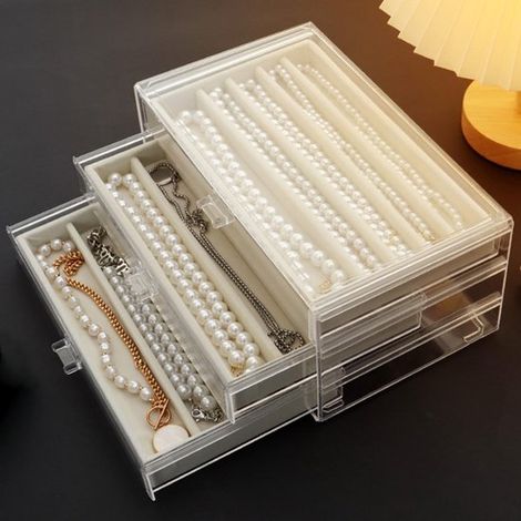 Aufbewahrungsbox für Halsketten, Acryl-Aufbewahrungsbox mit Samtdeckel, staubfreie Präsentationsbox für Damen und Mädchen (beige, 3 Schubladen) (1/5)