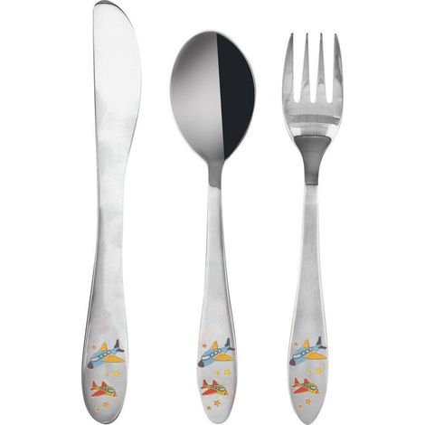 Juego de cubiertos infantiles de acero inoxidable: tenedor, cuchillo y cuchara. (1/4)