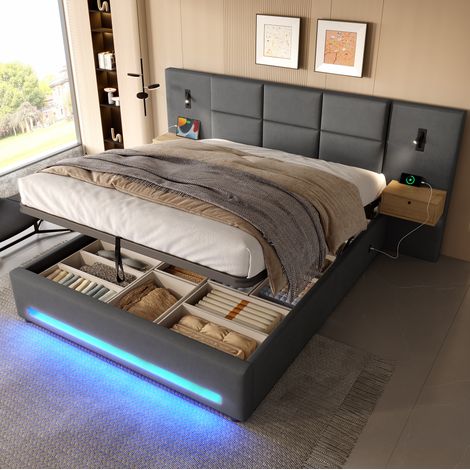 Letto contenitore 160x200 cm con USB-C, LED, contenitore idraulico e testiera con cassetti, velluto - grigio scuro (1/5)