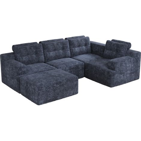 Modulares, kombinierbares Sofa aus blauem Chenille mit Hocker, ohne Montage, 252 x 180 x 82 cm (1/5)