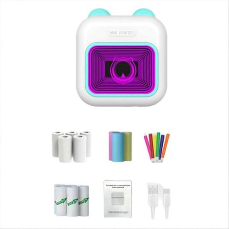 Mini-RGB-Aufkleberdrucker, Bluetooth, taschengroßer, tintenloser Thermodrucker mit 10 Rollen Thermopapier und 5 FMO-B-Stiften (1/5)