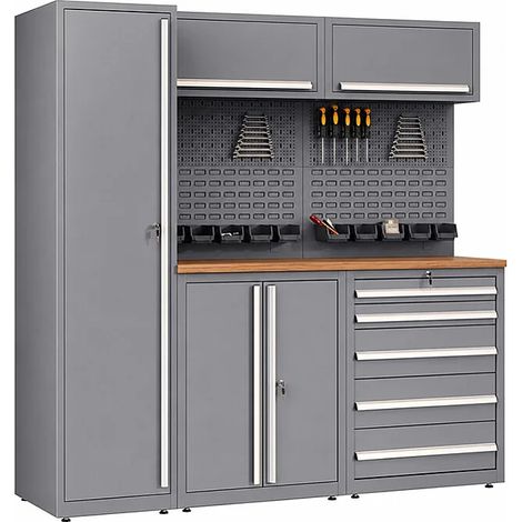 Établi en bois et acier avec colonne simple - L200 x P57 x H202 cm - Gris anthracite - ATELIOR (1/5)