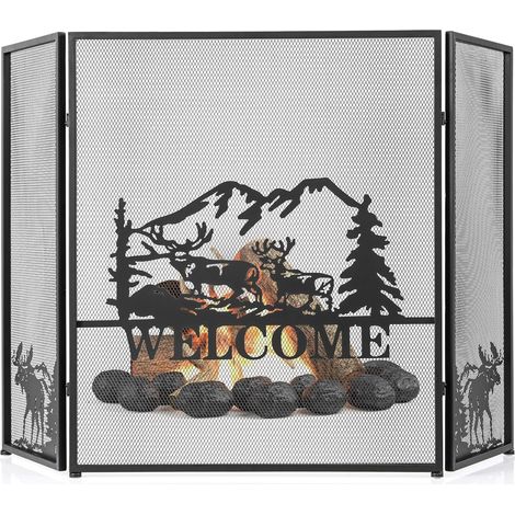 COSTWAY Pantalla de Chimenea de 3 Paneles de 79 x 132 cm, Pantalla Plegable con Bisagras Flexibles, Cubierta de Chimenea, Protector Metálico de Malla contra Chispas (Welcome)