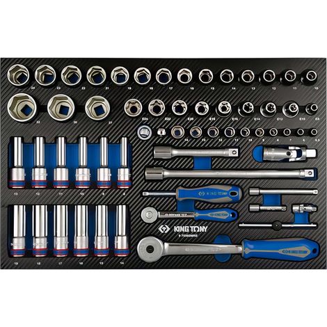 Module mousse 60 pièces douilles 1/4' et 1/2' – Dimensions 485 x 320 mm – Pour servantes modulables – Accessoires inclus – King Tony (1/5)