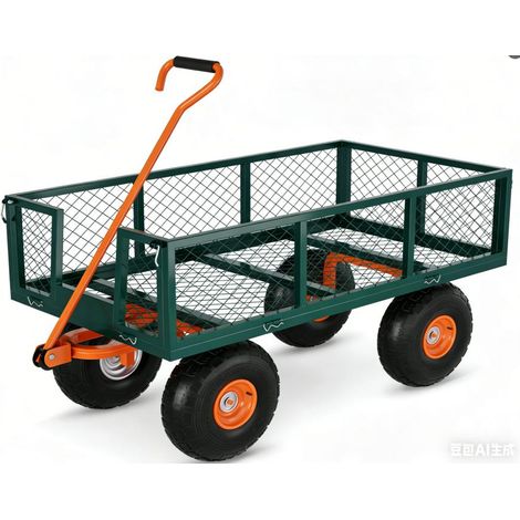 Chariot de Jardin Transport, Charge 500LBS, Chariot Utilitaire Robuste Tractable Extérieur en Métal avec Pneus 254 mm, Côtés Amovibles en Maille Réglables, Poignée Rotative 180°, Noir vert