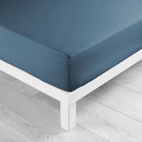 Drap housse 1 personne 90 x 190 cm uni 57 fils lina Bleu nuit