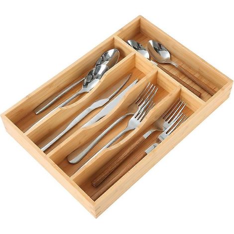 Organisateur de tiroir de cuisine en bambou, plateau porte-couverts pour petits tiroirs, en bois pour couteaux et couverts (1/5)