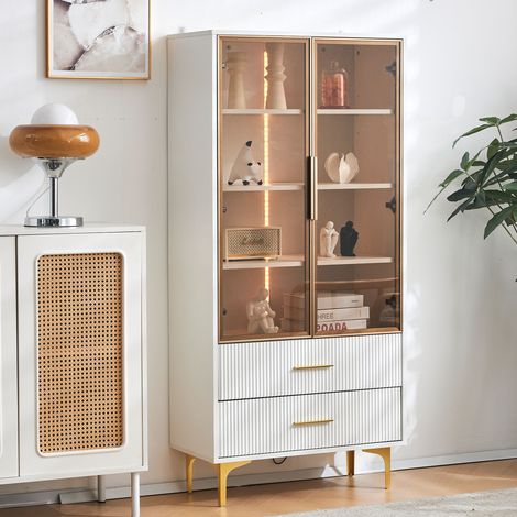 ELVMI Vitrine avec 2 Portes, 2 Tiroirs, 3 Étagères dont 2 Réglables et LED, pour Salon, en Panneaux, Blanc, 70 x 35 x 150 cm