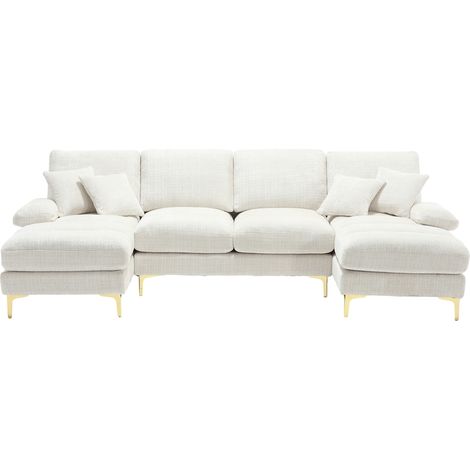 ELVMI Divano a U con 2 Chaise Longue, 4 Cuscini Schienale e Gambe in Metallo, Ciniglia Beige, 272 × 136 × 88 cm (1/5)