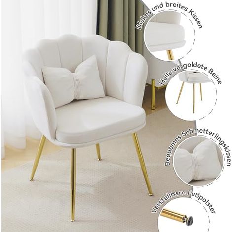 Fauteuil moderne en velours avec dossier pétale, chaise lounge rembourrée à pieds dorés et coussin papillon pour salon, chambre ou salle à manger (Beige) (1/5)