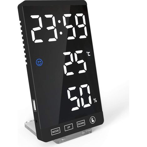 Reloj LED inteligente con espejo, cargador de teléfono decorativo, despertador, reloj digital con 4 niveles de brillo y pantalla de temperatura y clima - Carcasa digital en blanco y negro (1/5)