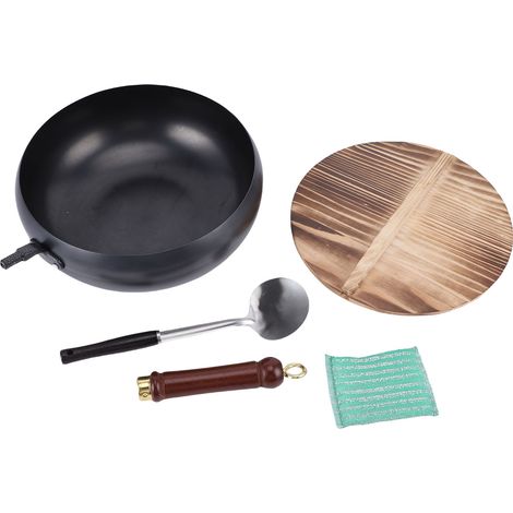 Glänzende, 28 cm große, handgehämmerte, antihaftbeschichtete Schmiedeeisen-Bratpfanne mit Holzgriff-Pfannenwender für Diätgerichte für eine Person / 11-Zoll-Holzdeckel. (1/2)