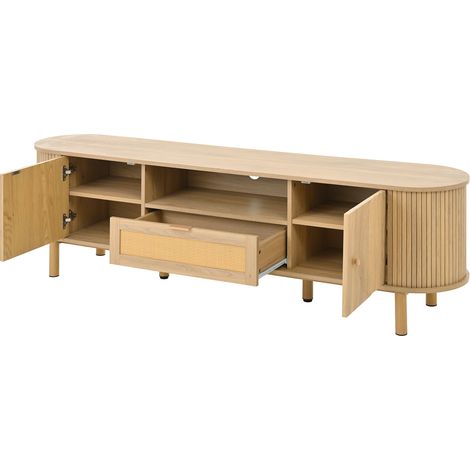 ELVMI Meuble TV avec 2 Portes, 1 Tiroir et Niches Ouvertes, Passe-câbles, pour Salon, en MDF, 175 × 36 × 51 cm, Naturel (1/4)
