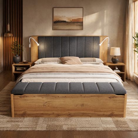 Lit double 180x200 cm coloris chêne en MDF et métal avec rangements et liseuses USB (1/5)