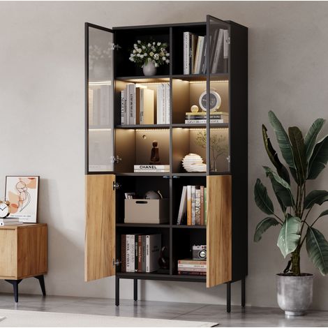 MEUBLIV Vitrine 74 x 31 x 180 cm Schwarz/Eiche – 4 Türen, LED, verstellbare Böden (1/5)