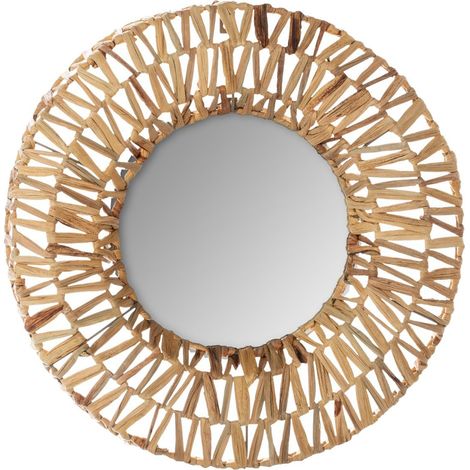 Miroir tressé en plantes séchées coloris beige moyen - Diamètre 45 cm -PEGANE- (1/3)