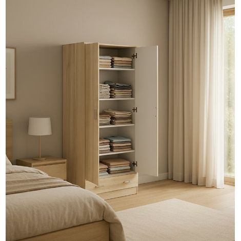 Armadio Multiuso 2 Ante - Ripiani un Cassetto, Marrone Quercia, -, 79.4x170.4h cm Azul