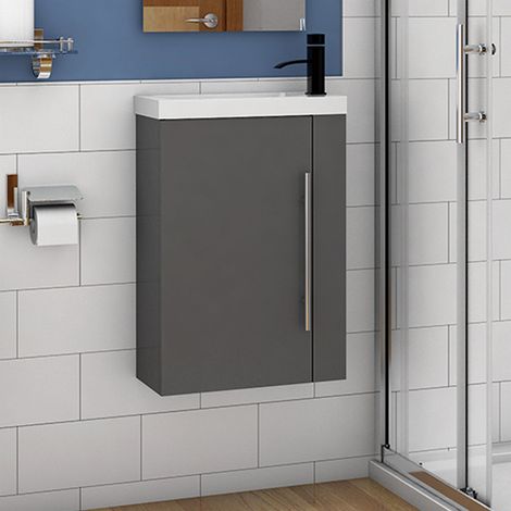 Wall Hung Cloakroom Sink Vanity Unit Grey Small 440mm Door Furniture (1/5)