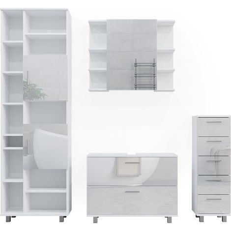 Set di mobili da bagno Ilias, Bianco lucido, 4 pezzi, con colonna, Vicco