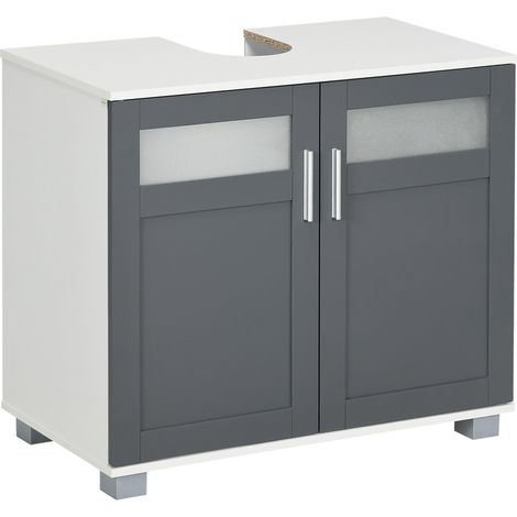 Meuble sous-lavabo avec 2 portes en verre trempé, 69 x 35 x 59 cm, blanc et gris (1/5)