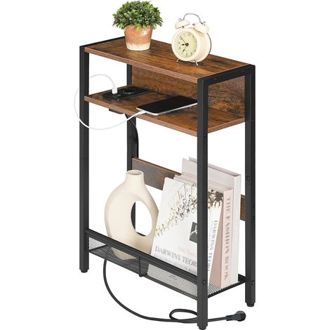 Table d’Appoint compacte, Bout de Canapé avec Station de Charge, Table de Chevet, Table Basse à 3 Niveaux, Table d’Appoint avec Rangement, pour Petit Espace, Salon, Marron Rustique (1/5)