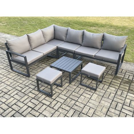 Fimous 8 Seater Aluminium Garden Furniture Set Outdoor Lounge Corner Sofa Square Coffee Table Sets with 2 Small Footstools Dark Grey (1/5)