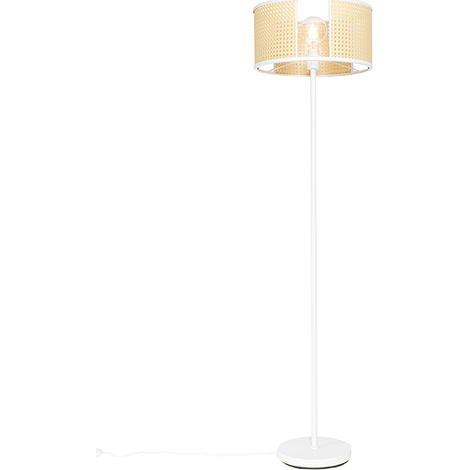 QAZQA Lampada da terra con paralume akira - Retrò - Malacca,Acciaio - Bianco/Legno - Tondo Max. 1 x Watt